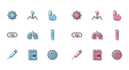 Set line Syringe, Clipboard with blood test results, Virus, cells lung, Blood and virus, Medical protective mask and Bacteria bacteriophage icon. Vector