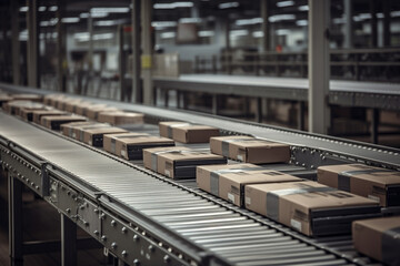 parcels on conveyor belt, concept of autonomous logistics. Generative AI