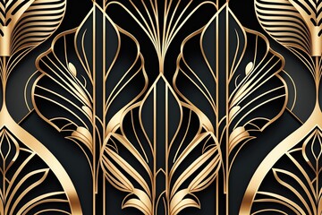 luxurious art deco wallpaper design in black and gold. Generative AI