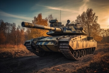 Fototapeta premium main battle tank of a fictitious military while driving with a large gun. Generative AI