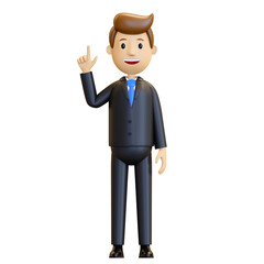 3d man. Businessman in a suit. The office worker raised a finger. 3D rendering, illustration in cartoon style, isolated. A good idea appeared.