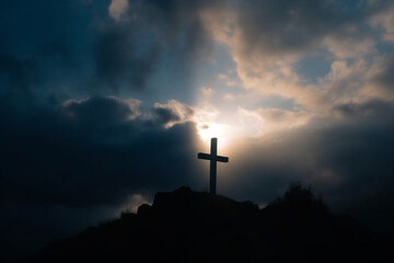 fictional place with a cross with a view of the sky and clouds in dramatic light. Generative AI