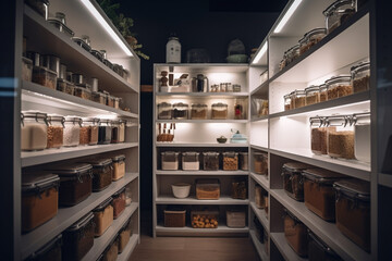 food supplies on shelves in a room, pantry and storage of food, emergency supplies or prepper. Generative AI