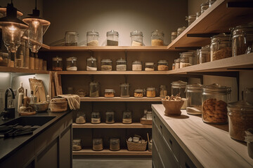 Obraz premium food supplies on shelves in a room, pantry and storage of food, emergency supplies or prepper. Generative AI