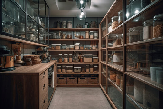 food supplies on shelves in a room, pantry and storage of food, emergency supplies or prepper. Generative AI