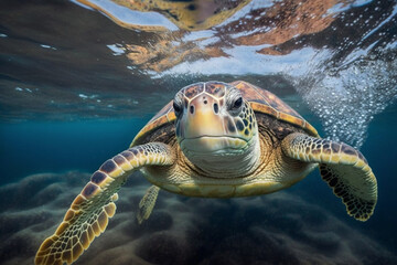 Obraz premium happy sea turtle swimming underwater. Generative AI
