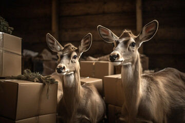 cute christmas deers with christmas packages. Generative AI