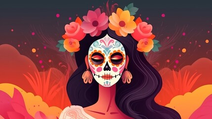Day of the Dead or Dia de los muertos with maxican girl portrait wearing carnival mask of the day of the dead