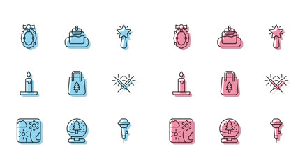 Set line Firework rocket, Christmas snow globe, wreath, Microphone, shopping bag, Sparkler firework, Burning candle and Cake icon. Vector