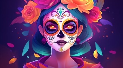 Day of the Dead or Dia de los muertos with maxican girl portrait wearing carnival mask of the day of the dead