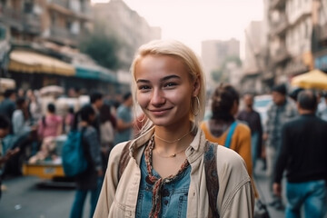 Fototapeta premium young adult woman or teenager girl outside on a local back street in another country, vacation trip. Generative AI