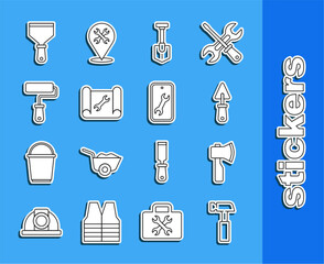 Set line Hammer, Wooden axe, Trowel, Shovel, Graphing paper and wrench, Paint roller brush, Putty knife and Mobile service icon. Vector