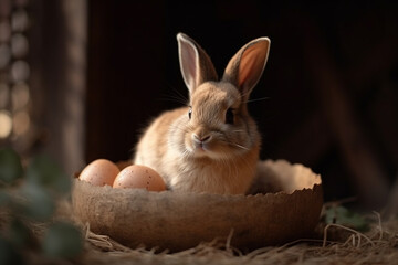 Obraz premium a cute bunny in the easter basket with easter eggs, easter egg of different colors in a nest. Generative AI