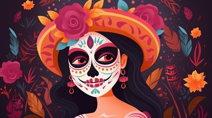 Fototapeta na wymiar Day of the Dead or Dia de los muertos with maxican girl portrait wearing carnival mask of the day of the dead
