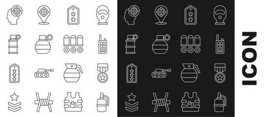 Set line Hand grenade, Military reward medal, Walkie talkie, rank, smoke, Target sport and Bullet icon. Vector