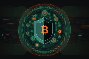 Bitcoin shield symbol against a dark background. Generative AI