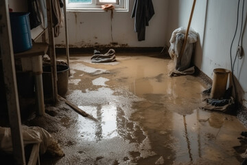 water damage in the basement due to flooding. Generative AI - obrazy, fototapety, plakaty