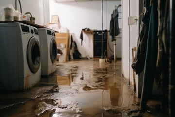 water damage in the basement due to flooding. Generative AI - obrazy, fototapety, plakaty