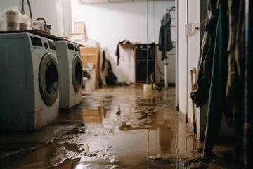 Fotobehang water damage in the basement due to flooding. Generative AI © wetzkaz