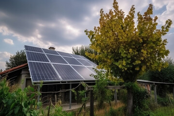 Photovoltaic solar system outdoors in a green garden. Generative AI