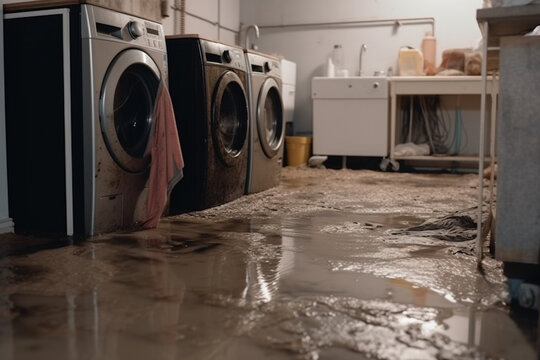 Water Damage In The Basement Due To Flooding. Generative AI