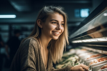 young adult woman or teenager in a grocery store or supermarket at a shelf with fictional snacks. Generative AI