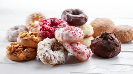 Fotobehang donuts au chocolat et au sucre, avec glaçage et pépites, beignets, gâteaux gourmand et sucré, illustration culinaire ia générative © sebastien montier