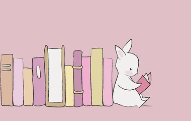 A bunny is reading a book next to a stack of books on a pink background. hand drawn children's drawing