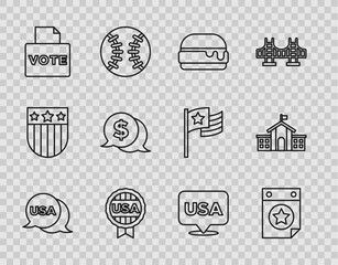 Set line USA Independence day, Calendar with date July 4, Burger, Medal star, Vote box, Coin money dollar, and United States Capitol Congress icon. Vector