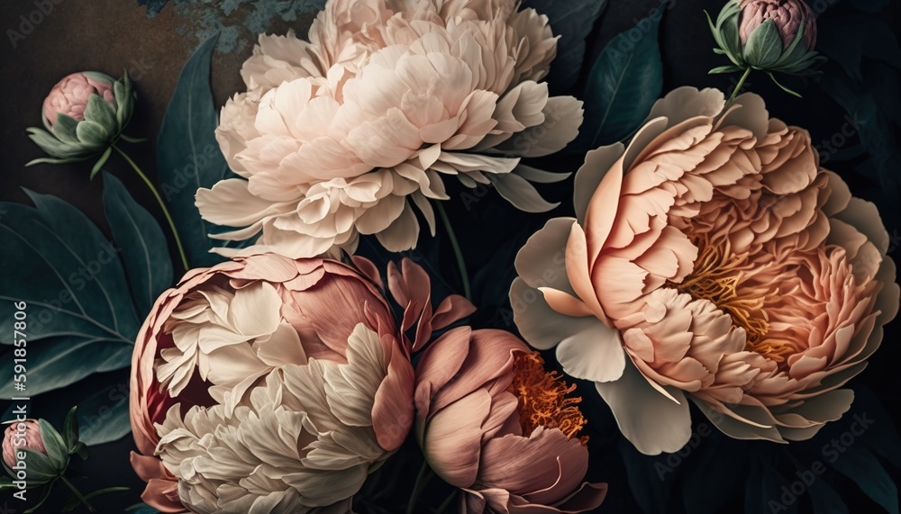Poster peonies in full bloom serve as a botanical flatlay backdrop and provide a touch of elegance to any b