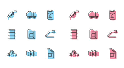 Set line Metallic pipes and valve, Gasoline pump nozzle, Canister for motor oil, Electrical cable plug charging, Barrel and Oil railway cistern icon. Vector