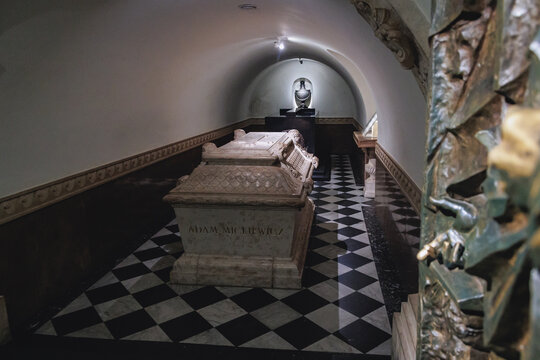 Krakow, Poland - August 24, 2022: Crypt of the National Bards with Adam Mickiewicz tomb in Wawel Castle Cathedral in Krakow