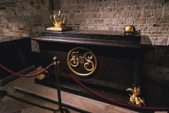Krakow, Poland - August 24, 2022: Tomb of king Jan III Sobieski in Wawel Castle Cathedral in Krakow city