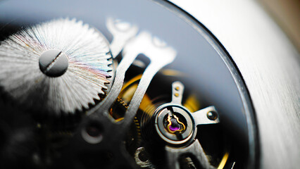 Closeup of gears and other mechanisms inside a pocketwatch
