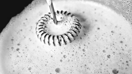 Grayscale shot of milk bubbles from a frother