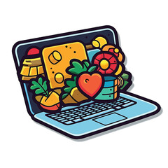 Laptop with icons cartoon vector isolated sticker 