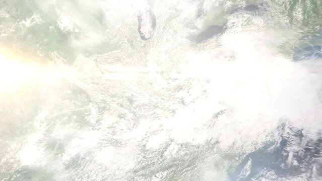Earth zoom in from outer space to city. Zooming on Jeffersonville, Indiana, USA. The animation continues by zoom out through clouds and atmosphere into space. Images from NASA