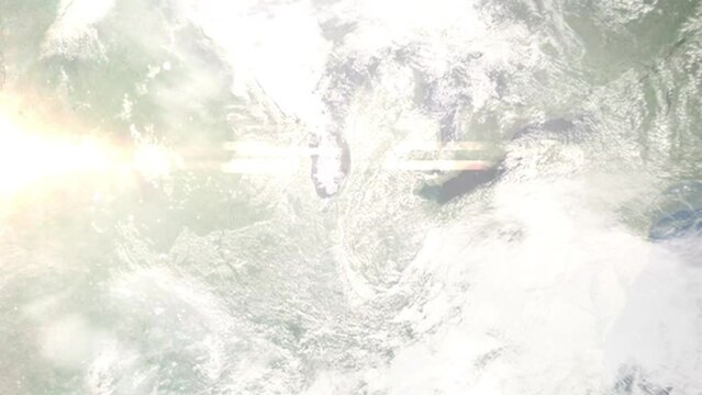 Earth zoom in from outer space to city. Zooming on Mishawaka, Indiana, USA. The animation continues by zoom out through clouds and atmosphere into space. Images from NASA