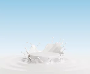 Poster Milk splash with white podium, mockup background for milk product display, 3d rendering. © Anusorn