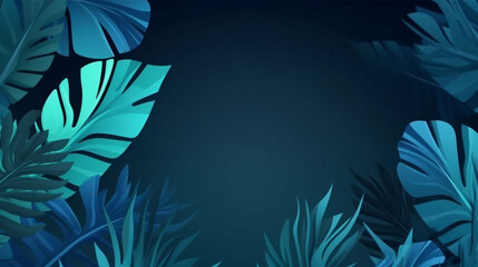 blue background with tropical leaves and empty space on right, generative ai