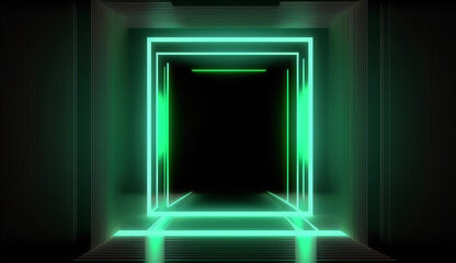 Abstract neon background with geometric shape, square frame and extraterrestrial landscape under the night sky and Rocks. Futuristic minimalist wallpaper. Created with Generative AI. 