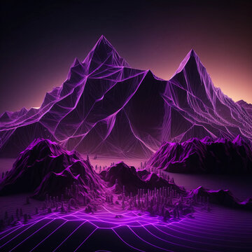 Abstract neon background with geometric shape, square frame and extraterrestrial landscape under the night sky and Rocks. Futuristic minimalist wallpaper. Created with Generative AI. 