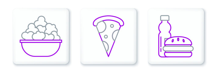 Set line Bottle of water and burger, Popcorn in bowl and Slice pizza icon. Vector