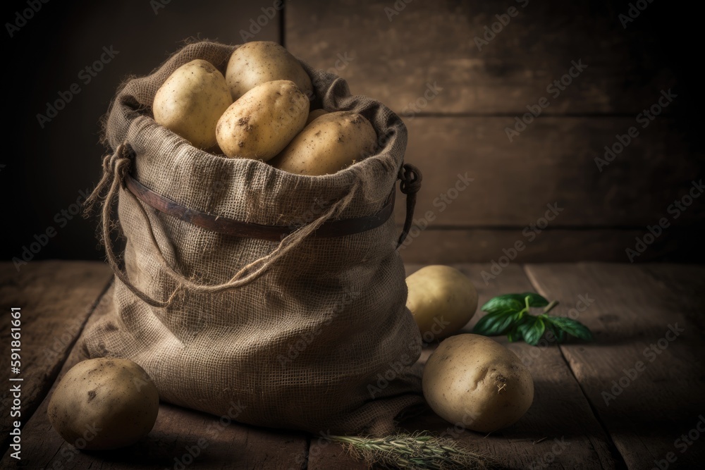 Poster rustic wooden table with a pile of fresh potatoes in a burlap sack. generative ai