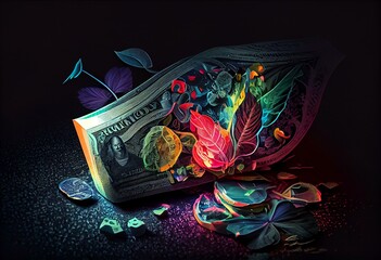 dollars banknotes with creative colorful abstract elements on dark background. Generative AI