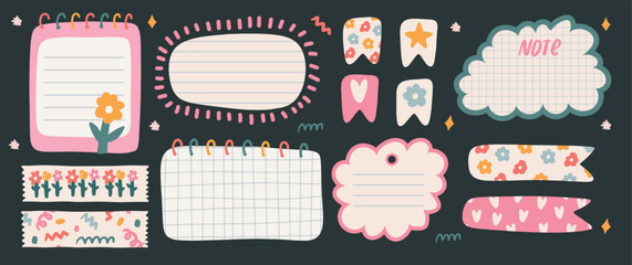 Collection of Cute Blank paper notes for to-do list, Daily and Weekly Planner. Scrapbook Stickers, different pieces of washi tape and bookmarks for scheduler or organizer