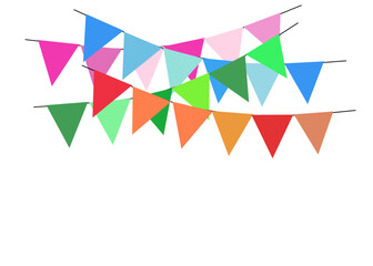 Greeting or Birthday party invitation with carnival,bunting flag garlands. Part decorating concept with colorful hanging above. Happy birthday.  with copy space for your text.