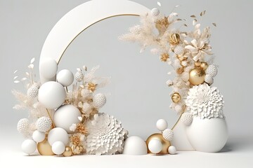 Wedding arch made from Balloon decoration elements for party, birthday celebration. Pastel white and gold background with round spheres