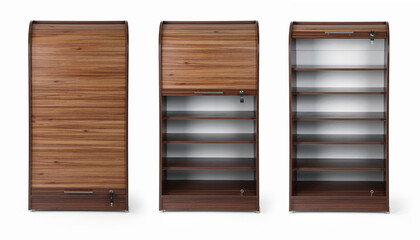 Shelving unit with books and decor different angle isolated on white background 