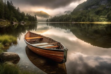 Naklejka na ściany i meble Serenity on the Lake: Wooden Boat in a Still Life on a Tranquil Mountain Lake, Generative AI